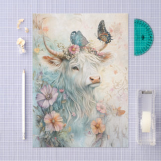 Papier Mousseline Vache Highland Fleurie Decoupage Pastel