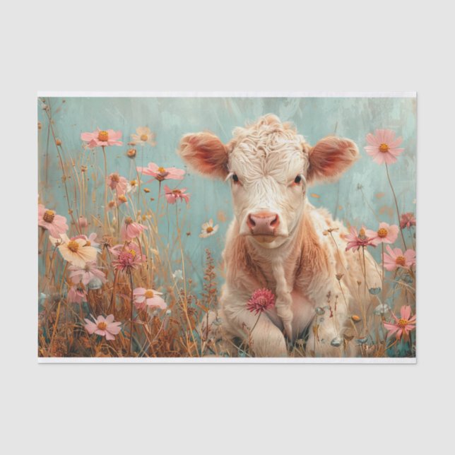 Papier Mousseline Vache Highland mignonne avec Fleurs sauvages pour  (Recto)