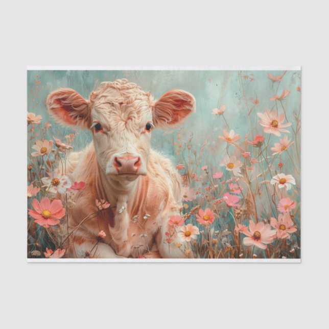 Papier Mousseline Vache Highland mignonne avec Fleurs sauvages pour  (Recto)
