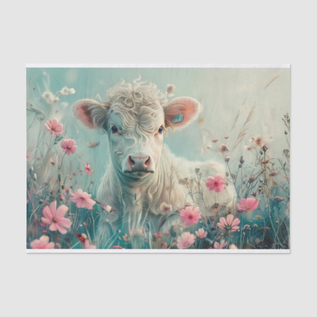 Papier Mousseline Vache Highland mignonne avec Fleurs sauvages pour  (Recto)