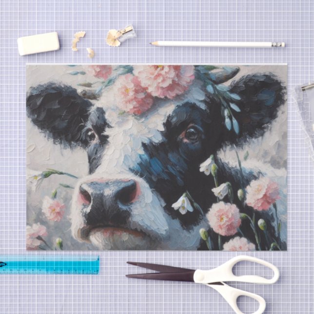 Papier Mousseline Vache Holstein dans les fleurs ferme Découpage fer (Artisanat)