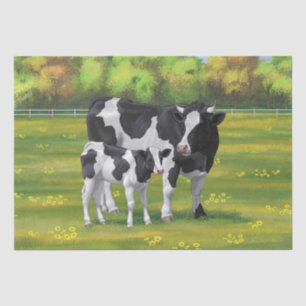 Papier Mousseline Vache Holstein et veau mignon en pâturage d'été