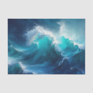 Papier Mousseline Vagues d'océan agitées Turquoise Bleu 