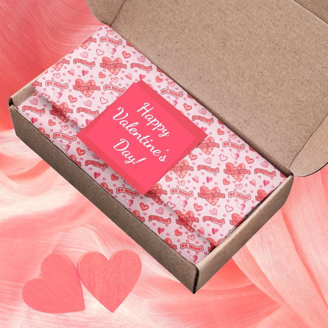 Papier Mousseline Valentine's Hearts I Love You Be Mine Motif (Watercolor Valentines Hearts Pattern "I Love You!" and "Be Mine!" Tissue Paper - Pink)