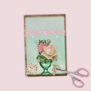 Papier Mousseline Vase antique Rose et horloge et dentelle rose
