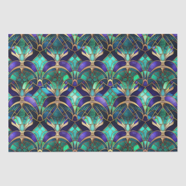 Papier Mousseline Verre turquoise, violet et or peacock (Recto)