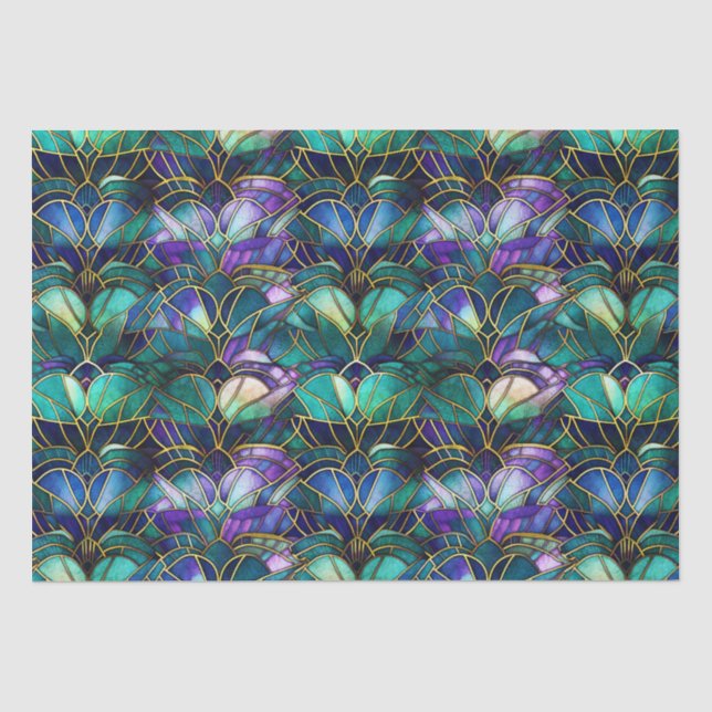 Papier Mousseline Verre turquoise, violet et or peacock (Recto)