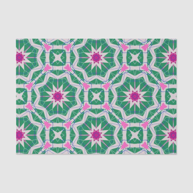 Papier Mousseline Vert blanc & rose Motif géométrique marocain (Recto)