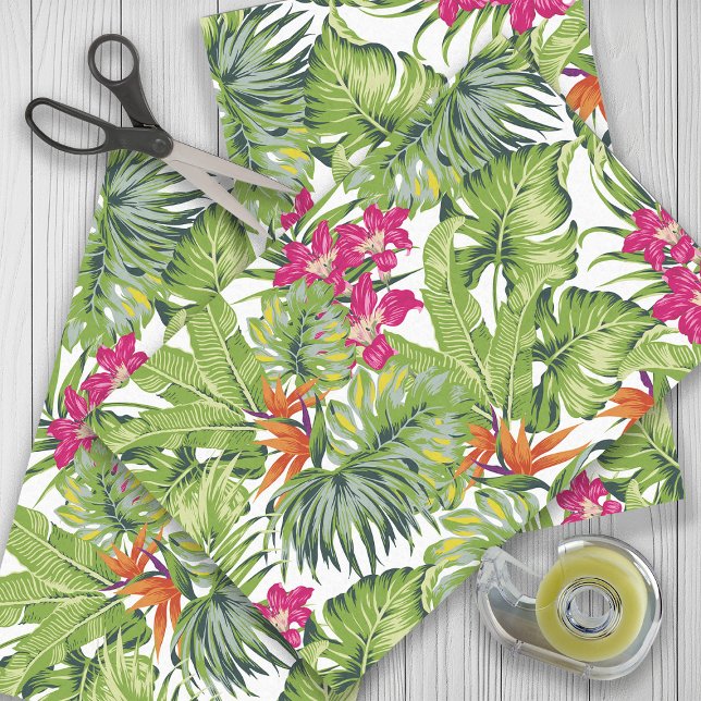Papier Mousseline Vert Feuilles Tropical Rose Orange Fleurs (Tropical leaves with pink and orange flowers gift wrapping tissue paper)
