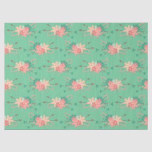 Papier Mousseline Vert menthe avec fleurs de corail et flèches Décou