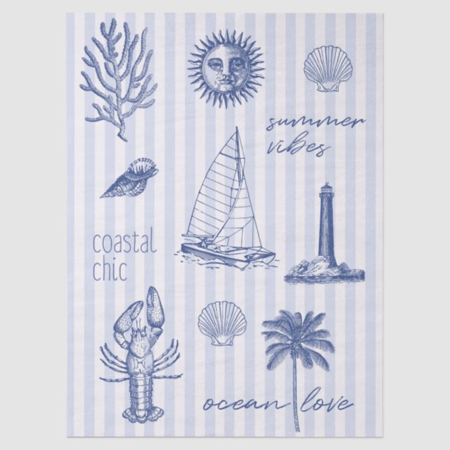 Papier Mousseline Vibes d'été Côtières Élégantes sur Rayures Bleues  (Recto)