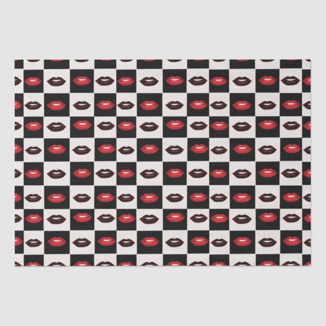 Papier Mousseline Vibes rétro Lèvres rouges Noir et blanc Checkerboa (Recto)