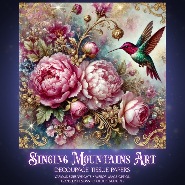 Papier Mousseline Victorian Romance Pink Rose Hummingbird Decoupage  (Créateur téléchargé)