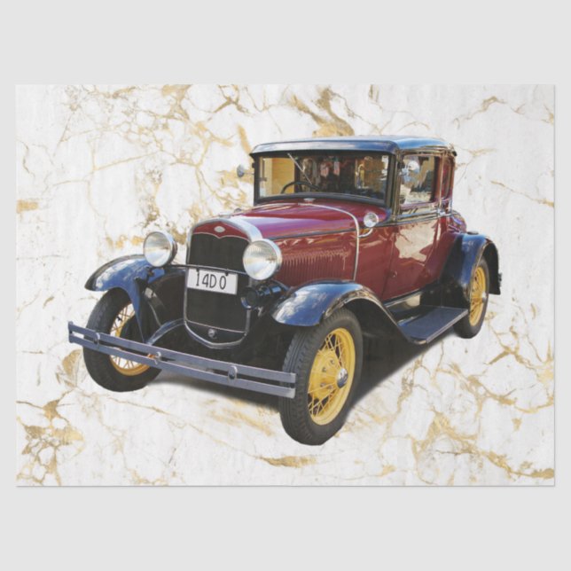 Papier Mousseline Vieille voiture sur marbre blanc & or, Découpage (Recto)