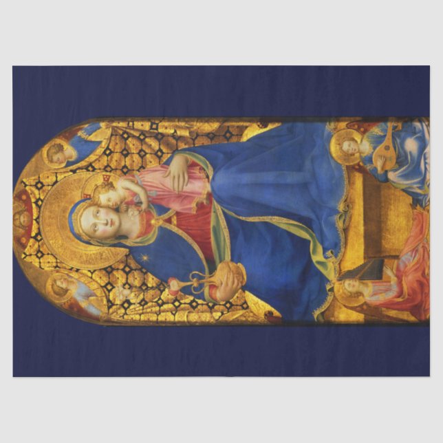 Papier Mousseline VIERGE AVEC ENFANT ET ANGES par Fra Angelico, Bleu (Recto)
