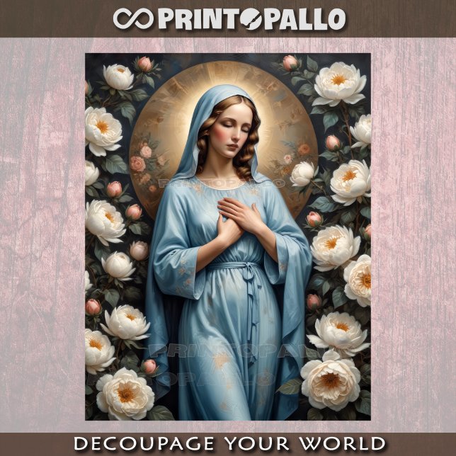 Papier Mousseline Vierge Marie avec des fleurs priez pour nous (Créateur téléchargé)