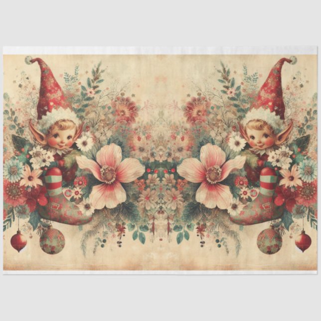 Papier Mousseline Vieux elfes de Noël et fleurs Découpage (Recto)