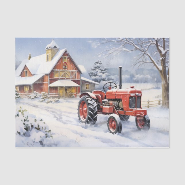 Papier Mousseline Vieux tracteur et grange Snown Ferme d'hiver Noël (Recto)