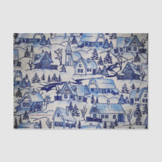 Papier Mousseline Village vintage bleu/blanc classique de Noël