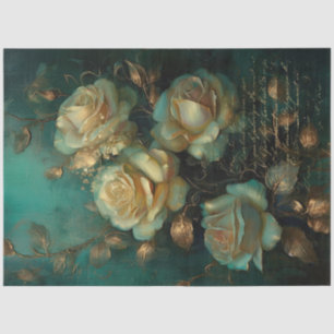 Papier Mousseline Vintage blanc roses or script émeraude vert