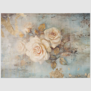 Papier Mousseline Vintage blanc roses or script ornement baroque