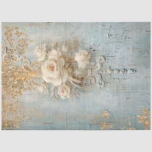 Papier Mousseline Vintage bleu blanc Roses feuille or Découpage