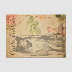 Papier Mousseline Vintage Collie Chien Fleurs florales Français