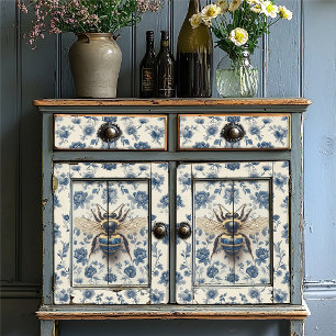 Papier Mousseline Vintage Delft Blue Gold Honey Bee Cottagecore