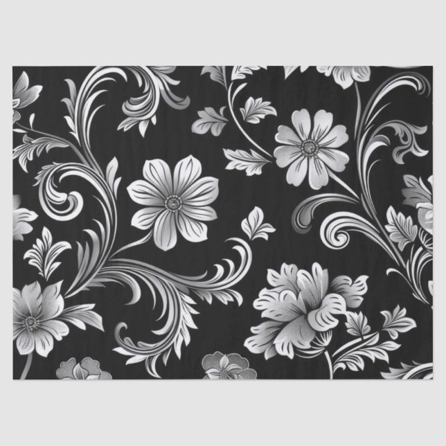 Papier Mousseline Vintage Gothique Damask Black & Silver Decoupage (Recto)