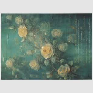 Papier Mousseline Vintage jaune roses or étincelles vert émeraude