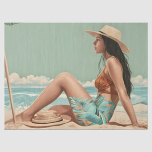 Papier Mousseline Vintage Jolie Femme Assis Sur Le Sable De Plage