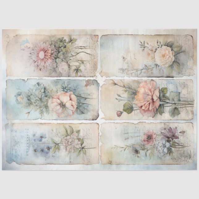 Papier Mousseline Vintage Shabby chic pastel bleu et rose fleurs (Recto)