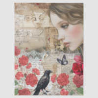 Vintage Victorian Girl Roses rouges & Découpage co