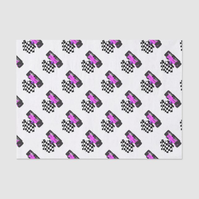 Papier Mousseline Voiture de course rose avec drapeau À damiers (Recto)