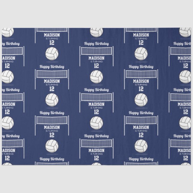 Papier Mousseline Volleyball Ball & Net Marine Blue Anniversaire Nom (Recto)
