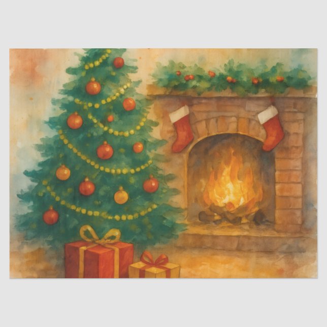 Papier Mousseline Watercolor Christmas Tree & Cozy Fireplace Holiday (Recto)