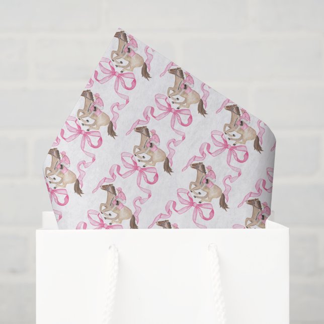 Papier Mousseline Watercolor Pink Derby Horse Riding and Bows (Sac cadeau)