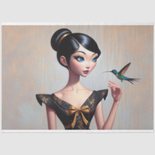 Papier Mousseline Whimsical Asian Girl with Hummingbird Decoupage