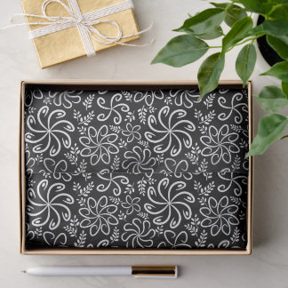 Papier Mousseline Whimsical Black White Spiral Flower Leafs Pattern