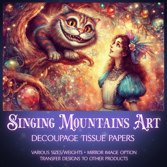 Papier Mousseline Whimsical Cheshire Cat In Tree And Alice Decoupage (Créateur téléchargé)