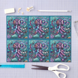 Papier Mousseline Whimsical Octopus Floral Teal Coastal Decoupage