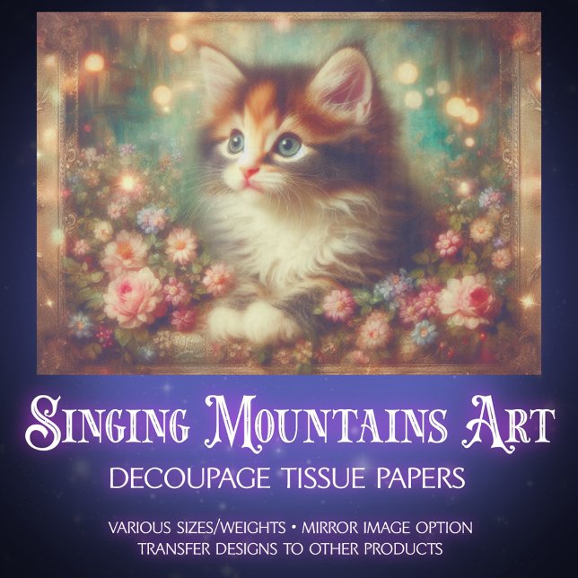 Papier Mousseline Whimsical Shabby Chic Floral Calico Cat Decoupage (Créateur téléchargé)
