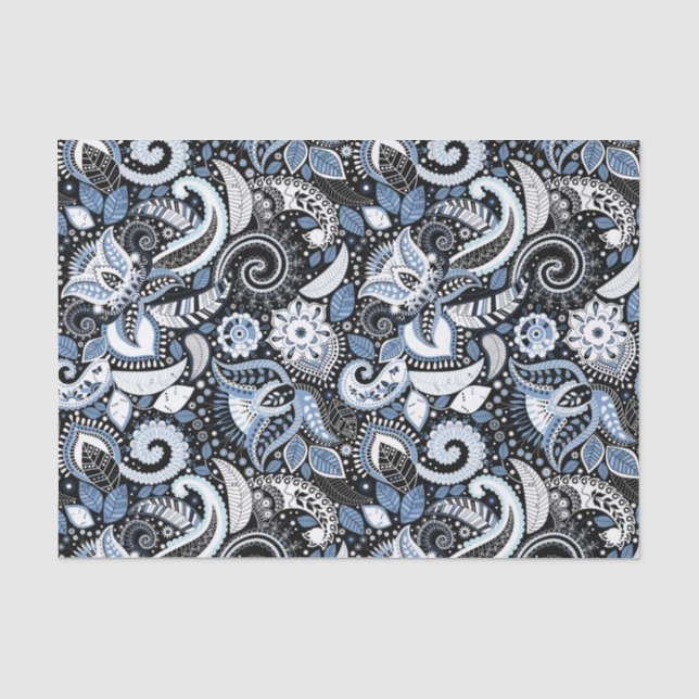 Papier Mousseline White & Blue Paisley Imprimer Soirée d'anniversair (Recto)