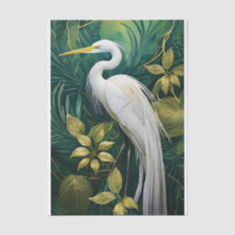Papier Mousseline White Crane Botanical Design, Elegant Tropical