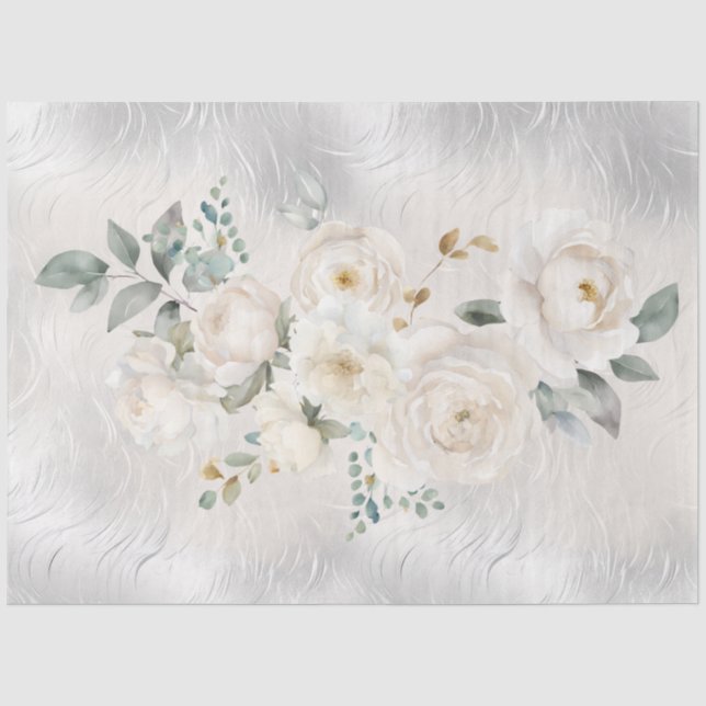 Papier Mousseline White Florals on Silver Tone Decoupage  (Recto)