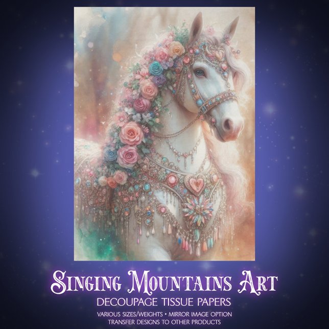 Papier Mousseline White Horse With Flowers Decoupage (Créateur téléchargé)