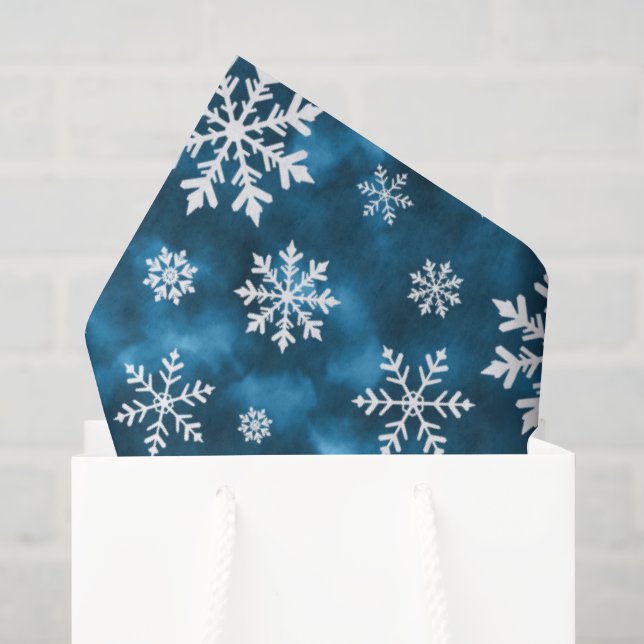 Papier Mousseline White Snowflakes Pattern On Blue Cool Winter (Sac cadeau)