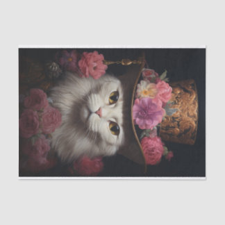 Papier Mousseline White Steampunk Cat, Roses, Decoupage