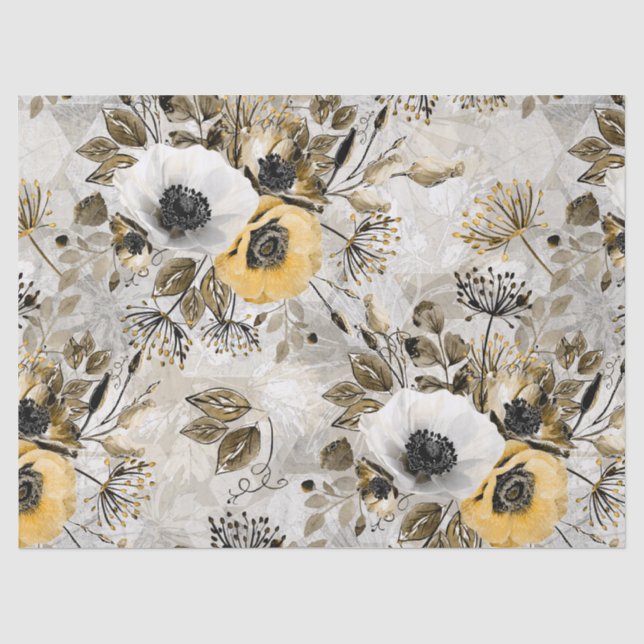 Papier Mousseline White, yellow anemones on a gray-brown background. (Recto)