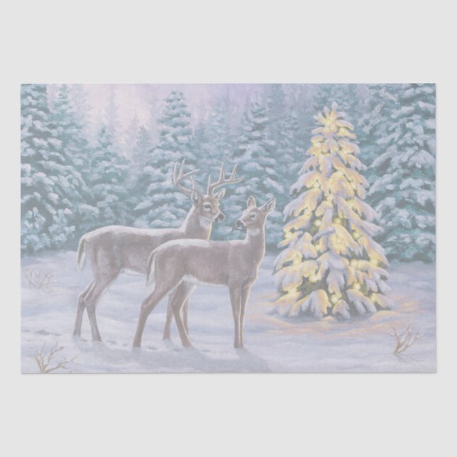 Papier Mousseline Whitetail Deer & Christmas Tree Scene hivernale (Recto)